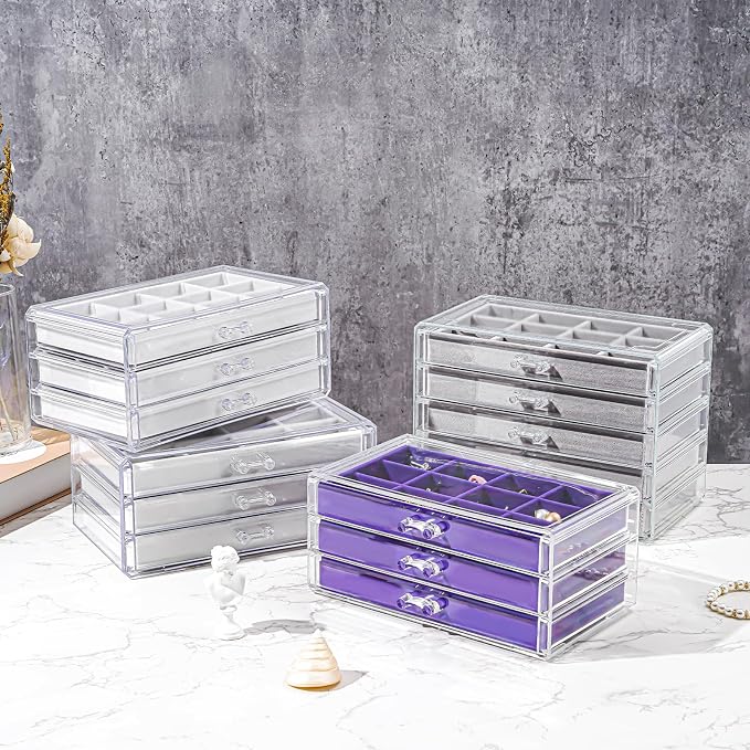 ProCase Earring Holder Organizer Jewelry Box with 3 Drawers, Acrylic Clear Earring Case with Adjustable Velvet Trays for Women - Purple, 3 Layers - Image 5