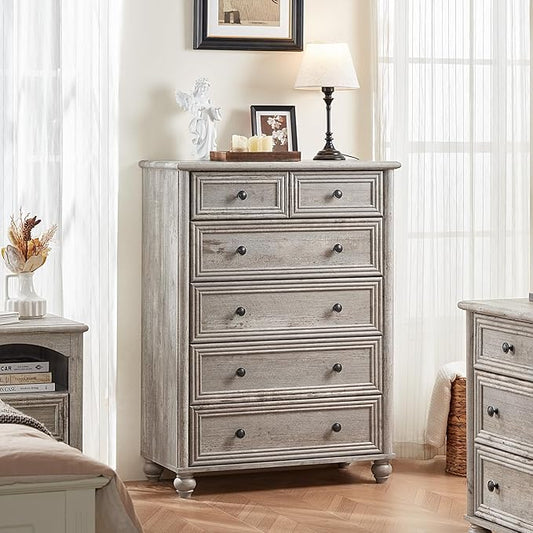 RWYHG Farmhouse 6 Drawer Dresser, Grey Chest of Drawers, 43.5" Tall Dressers for Bedroom with Roman Column and Metal Handles, Rustic Wood Storage Organizer for Living Room, Hallway, Closet