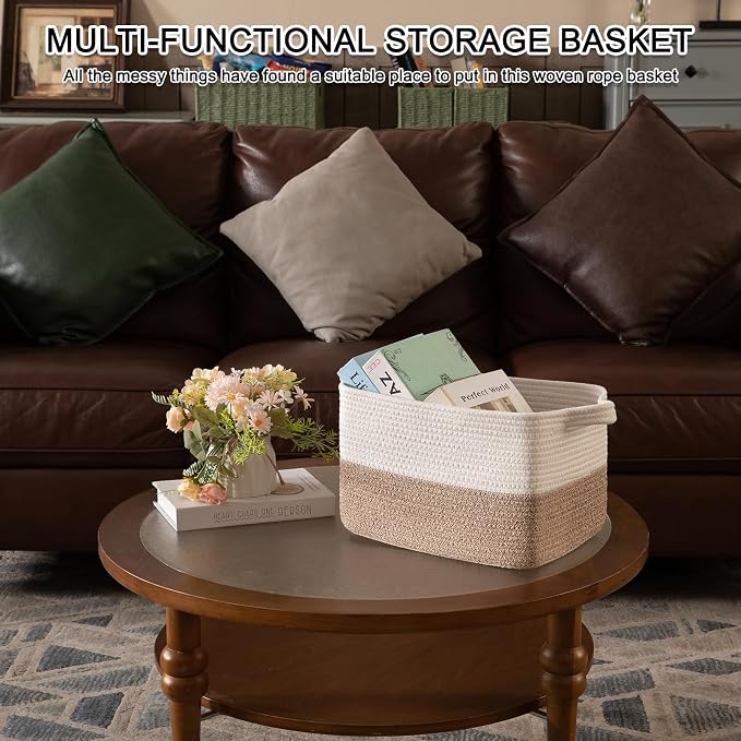 OIAHOMY Woven Storage Basket for Shelves, Rectangle Cotton Rope Baskets for Organizing, 16 x 12 x 10 in, Storage Bins for Dog Toys,Towel,Books,Gift,Brown and White - Image 4