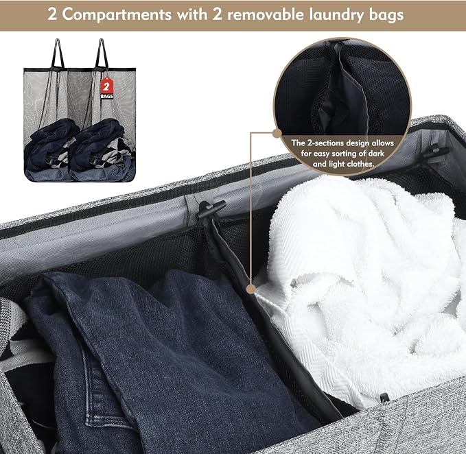 DOKEHOM 150L Double Laundry Basket with Lid and Removable Laundry Bags, Large Collapsible Laundry Hamper with 2 Sections for Bedroom, Bathroom, Laundry Room, Colloge (Grey) - Image 5