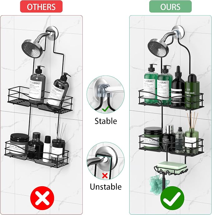 DAOYA Bathroom Shower Caddy Hanging - 3-Tier Organizer with Soap Holder & 6 Hooks for Towels, Sponge; Fits 21mm Shower Head Arm, Black - Image 5
