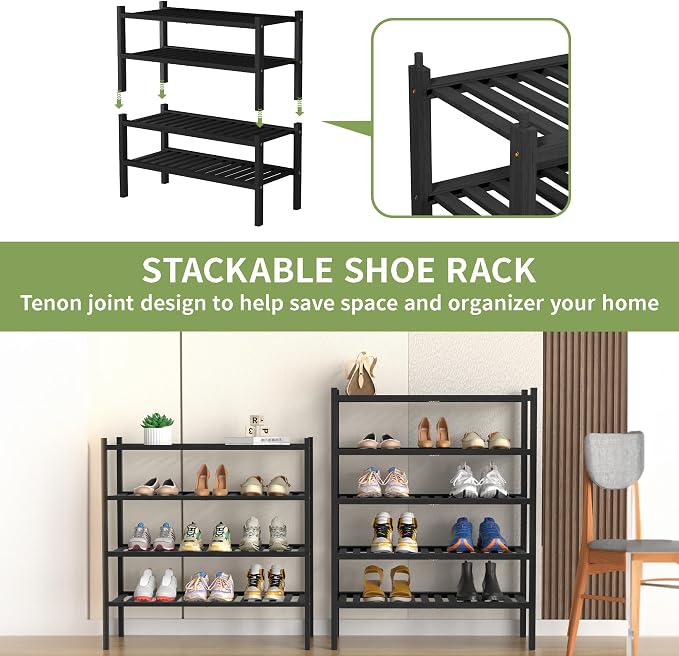 ROMGUAR CRAFT 4 Tier (Thick) Bamboo Shoe Rack for Closet Free Standing Wood Shoe Shelf for Entryway Small Space Stackable 27"x12"x28" (Blackl) - Image 4