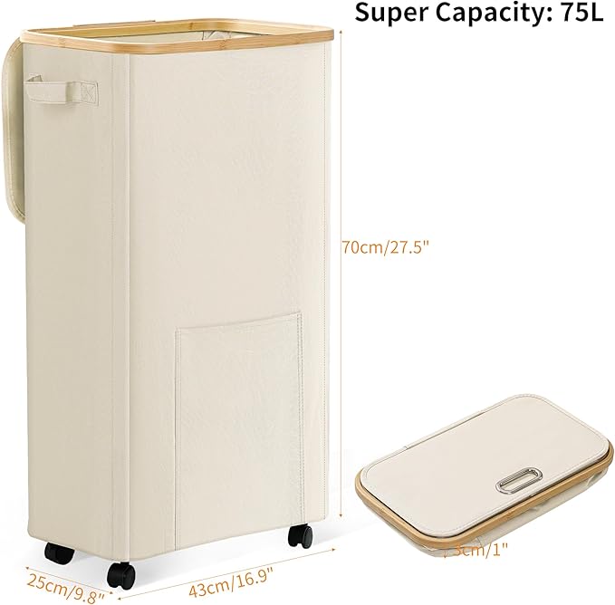 Laundry Basket with Wheels, Dirty Clothes Hamper on Wheels, Rolling Tall Laundry Hamper with lid for Laundry Room, Dorm and Bathroom, 75L Beige - Image 2