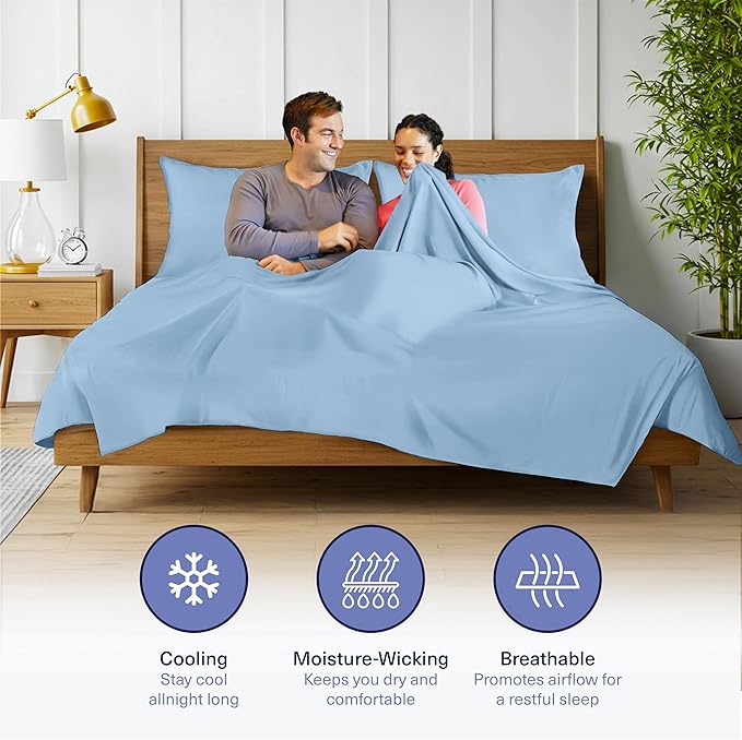 Kickoff Viscose Bamboo Sheets King Size 4-pc 100% Organic Bamboo Viscose Bed Cooling Sheets King Size Set Cool Bedding for hot Sleepers Sheet, Flat, Fitted, Pillowcases (Light Blue, K)