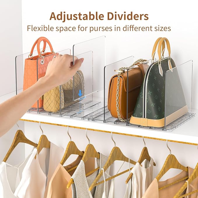 GoMaihe Bag & Purse Organizer for Closet: Adjustable Clear Handbag Storage Shelf - Plastic Clutch Dividers | Minimal | Keep Purses upright - Image 2