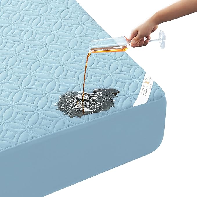 BEDLORE Waterproof Mattress Protector, Cal King Size Mattress Pad with Deep Pocket 6"-18" Depth, Soft Dirt-Proof Double Bed Mattress Cover for Bedroom, College Dorm, Hotel (Sky Blue)