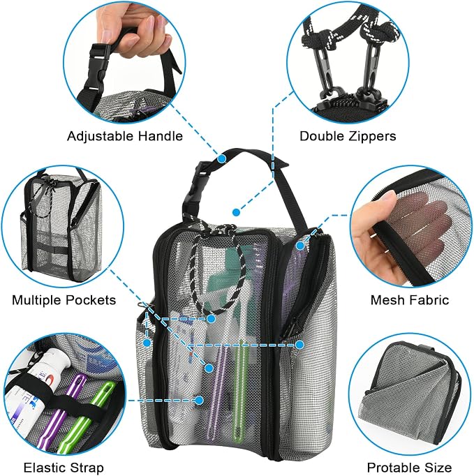 Cosmos Mesh Shower Caddy Toiletry Organizer Hanging Shower Tote Bag, Quick Dry Shower Organizer Portable Bath Bag with Durable Zippers & Side Pockets for Travel Gym Swimming Beach & Camp (Gray) - Image 4