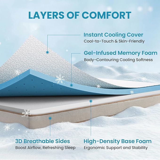 BedStory Cooling Mattress Topper Twin XL, 3 Inch Gel Infused Memory Foam Topper with Cool-to-Touch Removable Cover, Pressure Relief & Deep Refresh Sleep, CertiPUR-US Certified