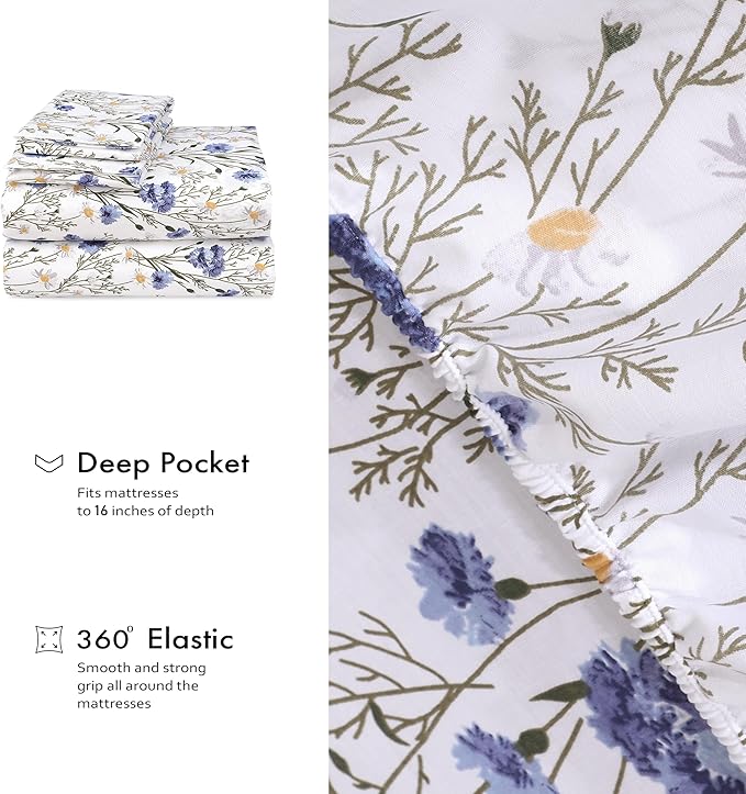 RUVANTI 100% Cotton Sheets – King Size Percale Bedding, Cooling & Breathable Floral Design, Durable with a Crisp, Soft & Comfortable Feel, 16" Deep Pocket, 4-Piece Set, Sweet Pea