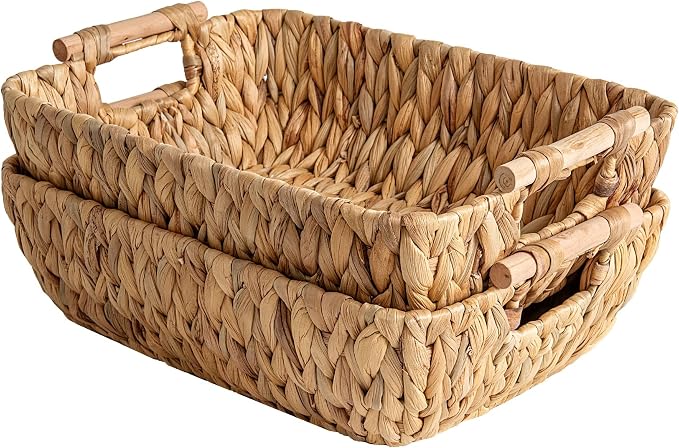 StorageWorks Hand-Woven Large Storage Baskets with Wooden Handles, Water Hyacinth Wicker Baskets for Organizing, 2-Pack by StorageWorks