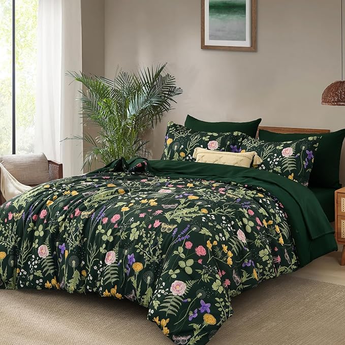 Yiran King Size Comforter Set 7 Piece, Dark Green Floral Bedding Set, Bed in a Bag King with Botanical Flowers Pattern, Soft Microfiber Complete Bedding Set with Sheets for All Season