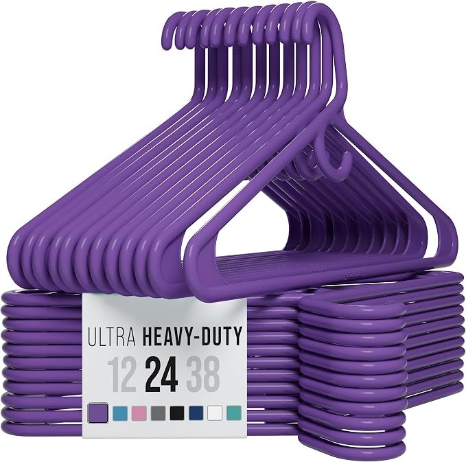 NEATERIZE Thick Heavy Duty Hangers - Purple Plastic Clothes Hangers 24 Pack - Great for Coat Hanger, Jackets Jeans & Suit Hanger for Closet, New Apartment Essentials Percheros Ganchos para Colgar Ropa by Neaterize