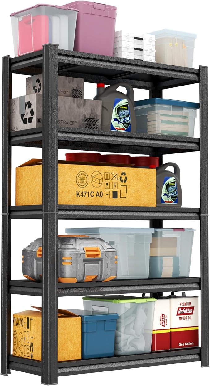 72"H Garage Shelving Unit 3000LBS Storage Shelves heavy duty 5 tier Metal Shelving adjustable storage rack for Basement, Warehouse, Pantry, Closet, Kitchen 72" H x 35.4" W x 13.8" D, Black by PRESTELION