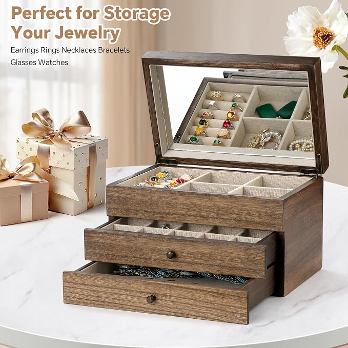 Meangood Jewelry Box Organizer for Women, 3 Layer Large Jewelry Storage Case, Rustic Wooden Jewelry Box with Mirror & Ring Tray for Necklace Earring Bracelets Rings, Vintage Style (Walnut) - Image 2