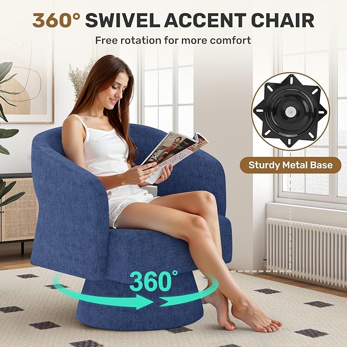 Nebuaegis Swivel Accent Chair Set of 4, Modern Comfy Chenille Barrel Chairs, Oversized Upholstered Round Arm Chair for Living Room, Bedroom, Reading Room, Blue