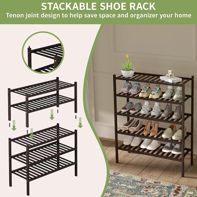 ROMGUAR CRAFT 3 Tier Bamboo Shoe Rack for Closet Free Standing Wood Shoe Shelf for Entryway Small Space Stackable 27"x11"x20" (Brown) - Image 5