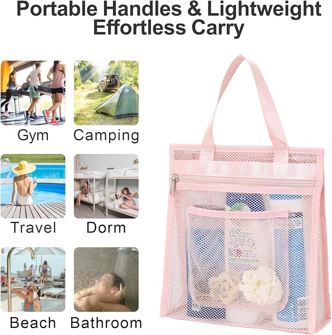 F-color Mesh Shower Caddy Portable Hanging - 3 Pockets Small Shower Bag Tote with Zipper Closure for Camping, Gym Lockers, Travel, Toiletry, Quick Dry Bathroom Essentials with S Hook, Pink - Image 7