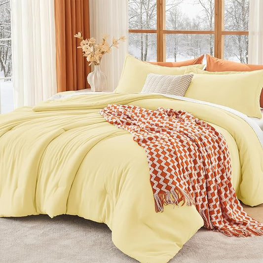 MUXHOMO Queen Comforter Set, All Season Ultra Soft Down Alternative Bedding - 3 Piece Lightweight Bed Set Includes 1 Comforter (90"x90") and 2 Pillow Shams (20"x26"), Cream Yellow
