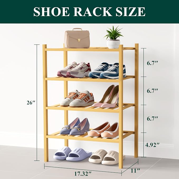 Smiry Bamboo Shoe Rack for Closet, 4 Tier Small Wooden Stackable Shoe Organizer, Free Standing Shoes Storage Shelf for Entryway, Front Door Entrance, Natural - Image 2
