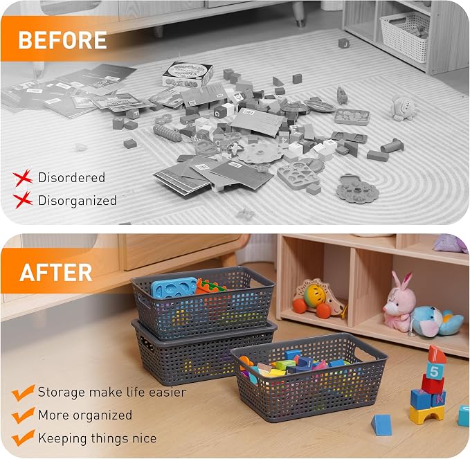 Plastic Storage Baskets With Lid, Storage Bins for Organizing, Stackable Decorative Containers for Shelves Drawers Desktop Closet Playroom Classroom Office, 6 Pack-Grey - Image 6