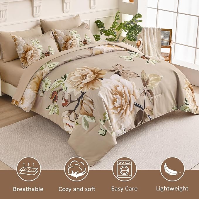 Drucon Floral Comforter Set King Size 7 Pieces Bed in a Bag, Khaki Floral Bedding Set, Soft Microfiber Comforter and Sheet Set for All Season (King, 104"x90")