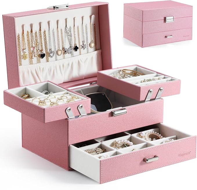 Dajasan Jewelry Organizer Box, Large Jewelry Boxes for Women Girls, Space-Saving 3 Layers Jewelry Storage Case with Drawer, Gift Idea, Movable Metal Stand, Modern (Pink) by DAJASAN