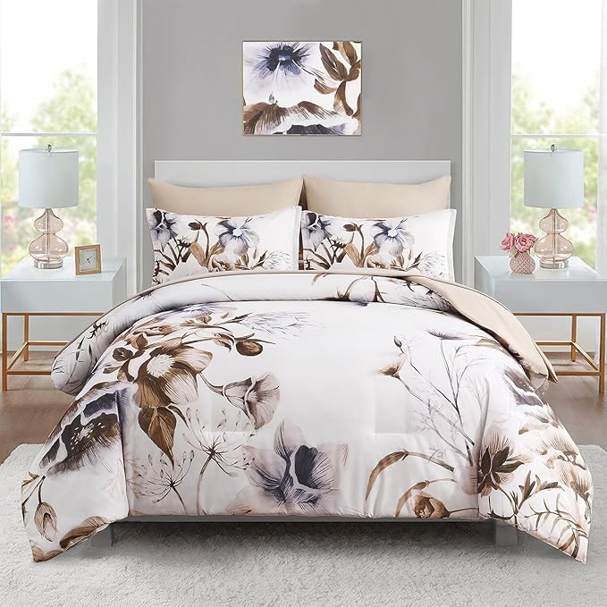 Luxudecor Floral Comforter Set Full Size 7 Piece, Beige Flower Bed in a Bag, Elegant Floral Comforter with Sheet Set, Soft Microfiber Bedding Set for All Season (Beige, 80"x90")