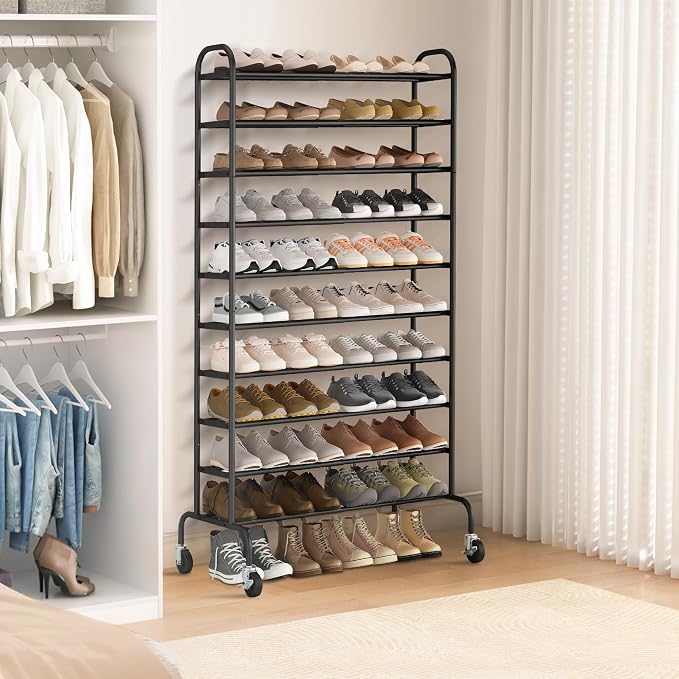 STORAGE MANIAC 10-Tier Expandable Shoe Rack, 44 Pairs Tall Vertical Shoe Rack, Heavy-Duty Metal Adjustable Shoes Organizer for Closet, Entryway, Hallway, Garage, Front Door, Shoes Shelves, Black - Image 6