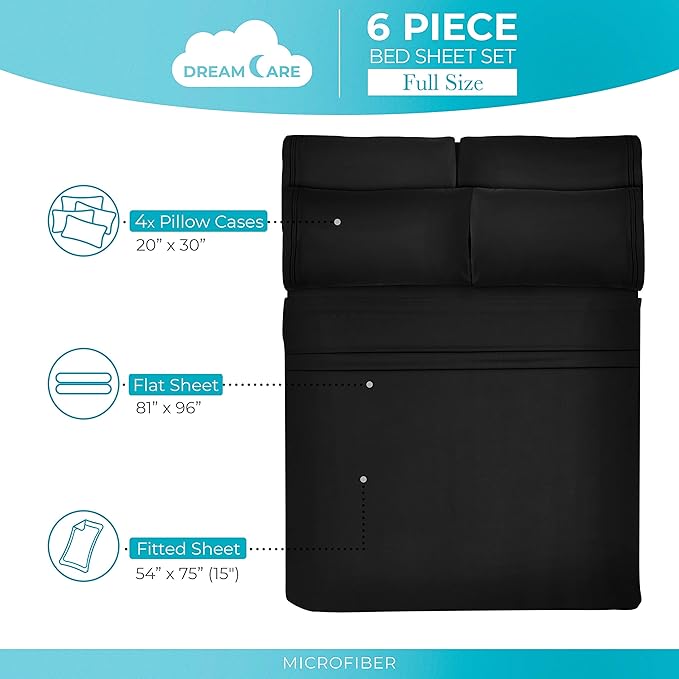 DREAMCARE Full Size Sheets - 6 pcs Breathable Cooling Bed Sheets - up to 15" Deep Pocket Full Size Bed Sheets wth Side Pockets - Extra Soft 100% Brushed Hypoallergenic Hotel Luxury Bedding - Black