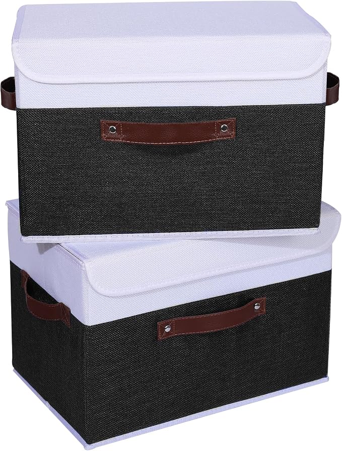 ANMINY 4PCS Storage Boxes with Lid Washable Decorative Storage Bins Basket with PU Leather Handle Foldable Linen Fabric Storage Cubes Containers for Home Closet Organizer - Black White, Large Size - Image 8