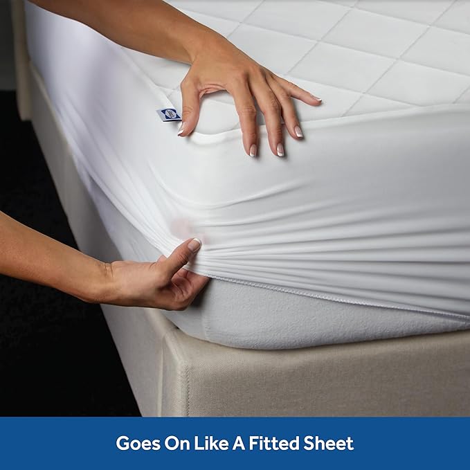 Sealy Luxury 100% Cotton Soft Top Layer, High Loft Comfort EternaLoft Fiberfill, Durable Stretch Corners Mattresses 18 Inches Deep Machine Washable Fitted Mattress Pad, Full Size, White