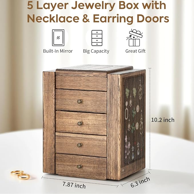 Meangood Jewelry Box Wood for Wowen, 5-Layer Large Organizer Box with Mirror & 4 Drawers for Rings, Earrings, Necklaces, Walnut - Image 2