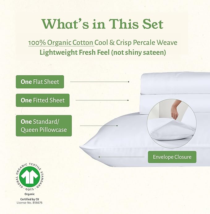 California Design Den Twin Sheets Set - Soft 100% Organic Cotton Sheets with Deep Pockets, Crisp Percale, Breathable and Durable Bedding Set - White
