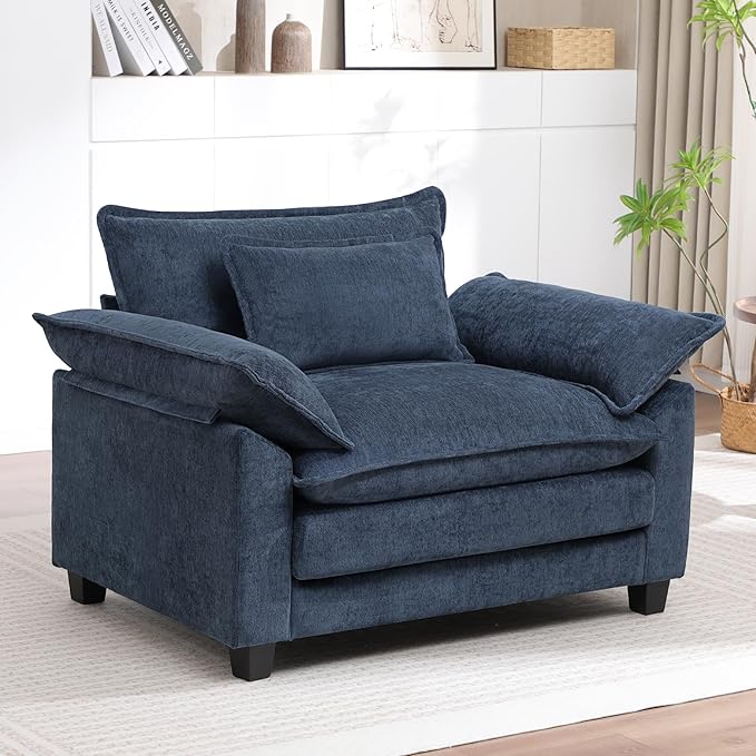 Modern Oversized Accent Chair,Chenille Cloud Sofa Chair with Deep Seat,Upholstered Armchair with Extra Thick,Comfy Reading Chairs for Living Room Bedroom Apartment Blue