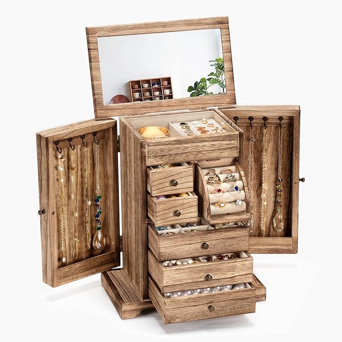 Jewelry Box for Women, Rustic Wooden Jewelry Boxes & Organizers with Mirror & Drawers,6 Layer Jewelry Organizer Box for Rings Earrings Necklaces Bracelets (Carbonized Black) by Yoimori