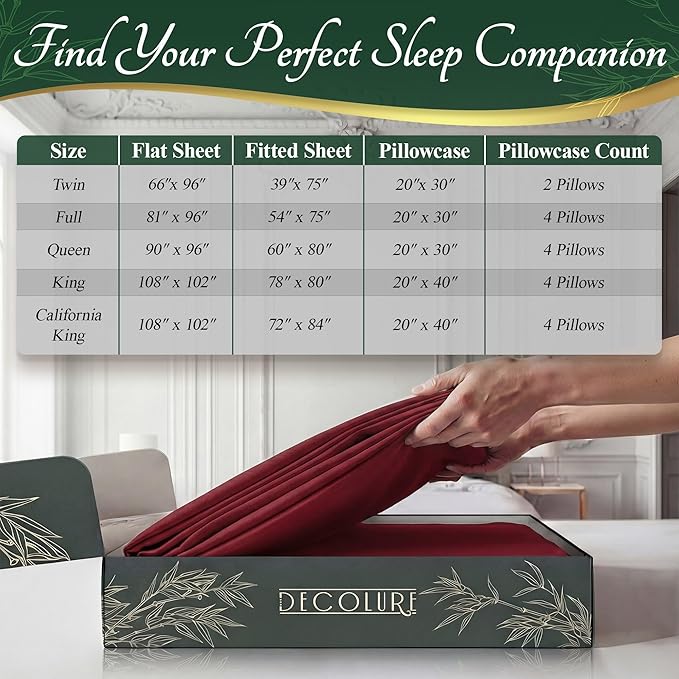 DECOLURE 100% Viscose Derived from Bamboo Sheets Twin Size - Luxury 4 Pc Naturally Cooling Sheets, Ultra Soft Bed Set - Deep 17" Pockets, Durable Double Stitching, Oeko Tex Standard (Burgundy)