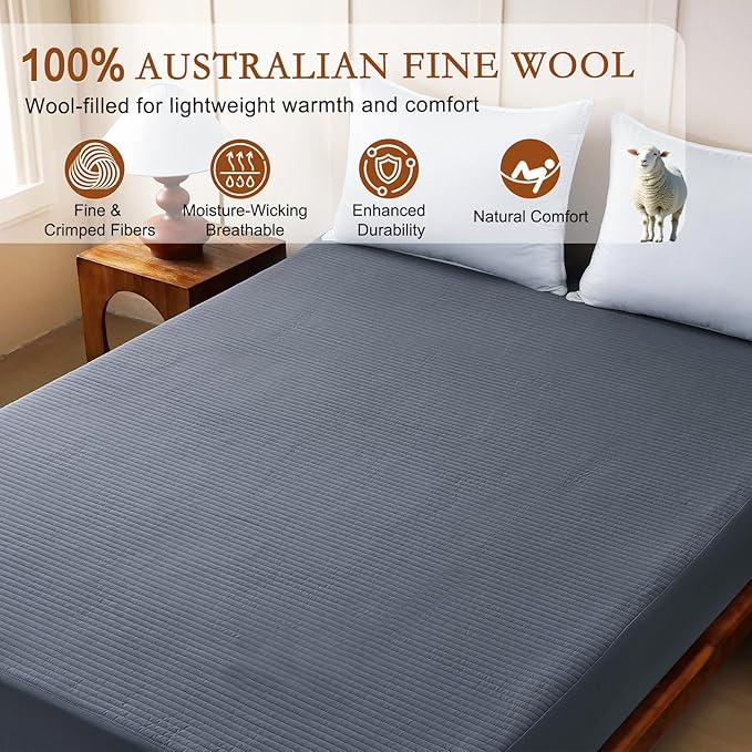 YOUR MOON Natural Wool Mattress Pad Twin – 200GSM Organic Australian Wool Mattress Topper, Quilted Fitted Mattress Bed Cover with 16" Deep Pocket, Hypoallergenic Cotton Cover (Gray)