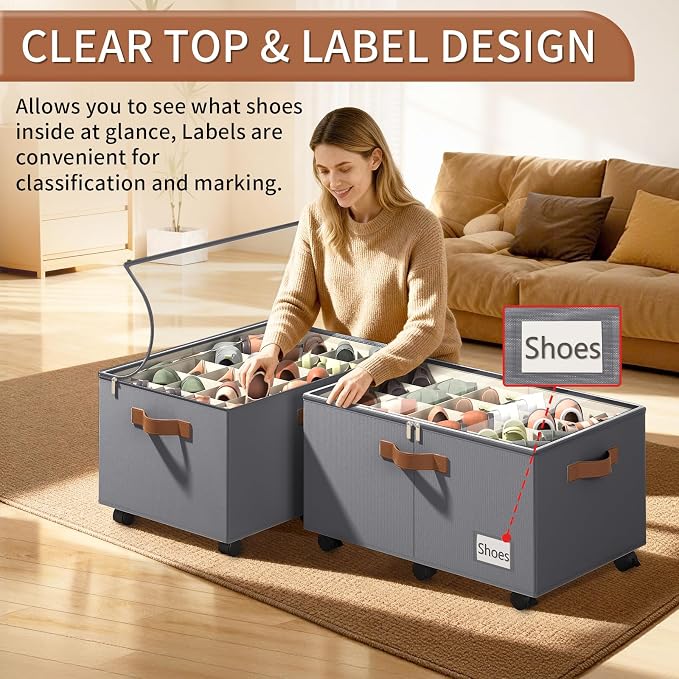 Foyego Shoe Organizer for Closet, Shoe Storage Organizer with Wheels and Adjustable Dividers, Stackable Shoe Storage Box with Clear Cover, Foldable Closet Shoe Organizer Fits up to 24-48 Pairs, Gray - Image 4