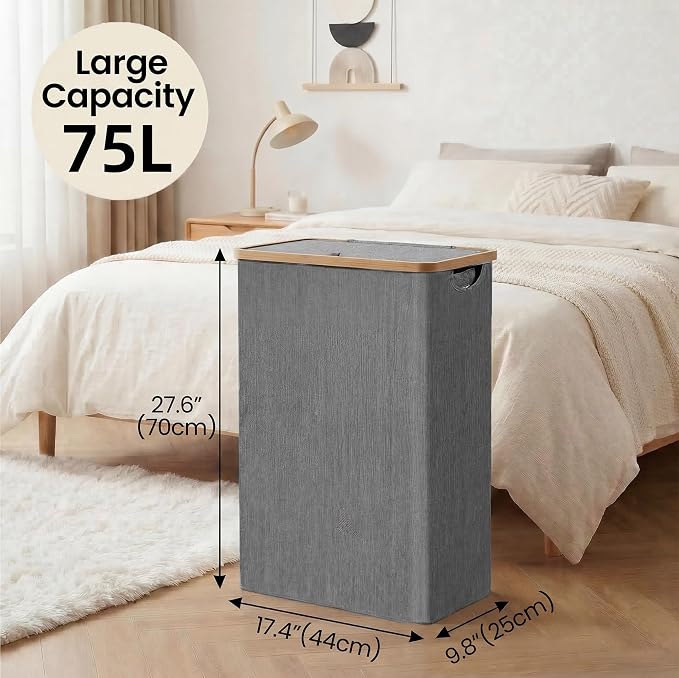 efluky Slim Laundry Basket with Lid, Narrow Laundry Hamper with Removable Bag, Skinny Dirty Clothes Basket with Bamboo Handles for Bathroom, Bedroom & Laundry Room, 75L Grey - Image 7
