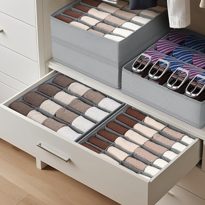 Joyoldelf Sock Drawer Organizer Divider 4 Packs Underwear Organizer, 2 x 24 Cell + 2 x 16 Cell Closet Organizers and Storage Sock Holders for Storing Socks, Handkerchiefs, Ties, Belts (Grey) - Image 4