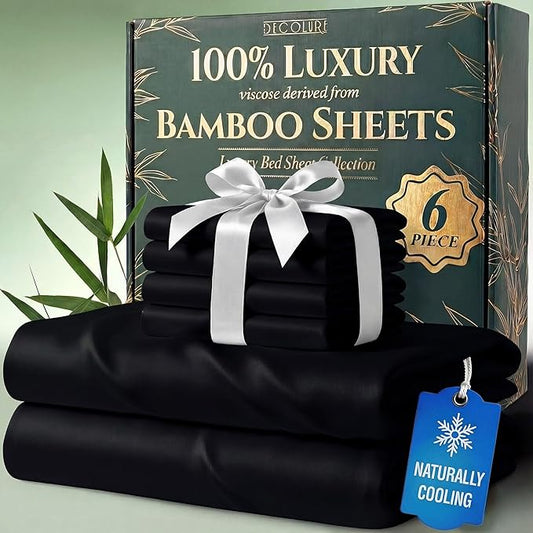 DECOLURE 100% Viscose Derived from Bamboo Sheets Queen Size - Luxury 6 Pc Naturally Cooling Sheets, Ultra Soft Bed Set - Deep 17" Pockets, Durable Double Stitching, Oeko Tex Standard (Black)