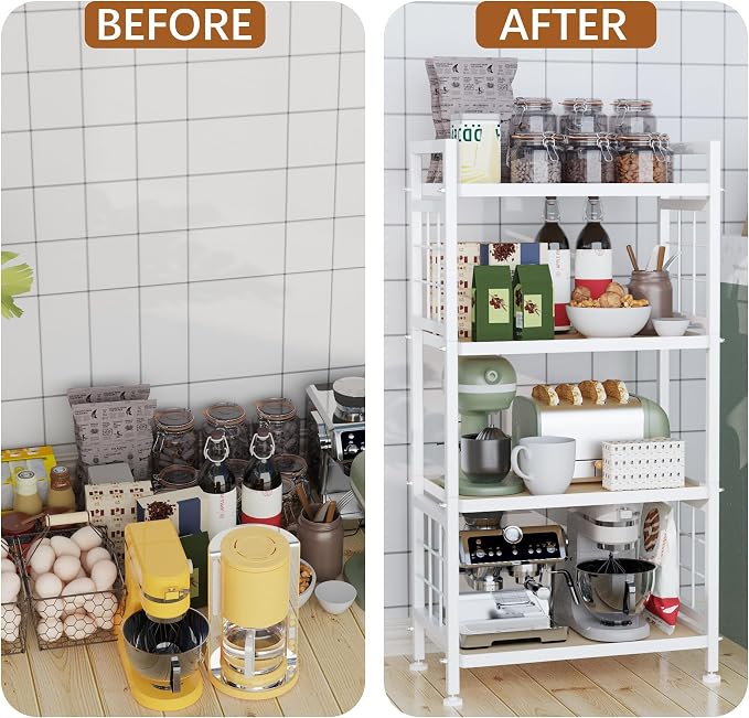 GIOTORENT 4-Tier Pantry Shelves with Wooden Boards, Heavy Duty Storage Shelves & Book Shelf, Adjustable Metal Shelving Unit for Kitchen Bathroom Laundry Organizer, Sturdy Rust-Resistant, White - Image 6