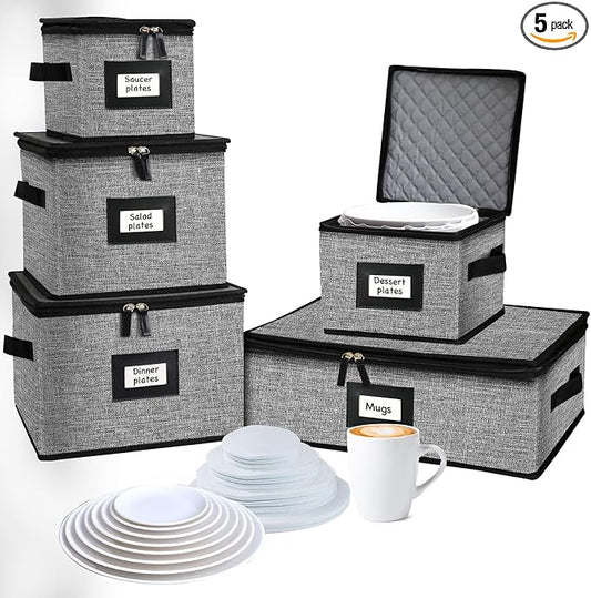 5 PACK China Storage Containers-Quilted Mug Storage and Moving Boxes for Dishes,Dish Packing Supplies for Moving,Dinnerware &Accessories,Holds a total of 48 plates (4 sizes) and 12 cups(Grey) by OURUER