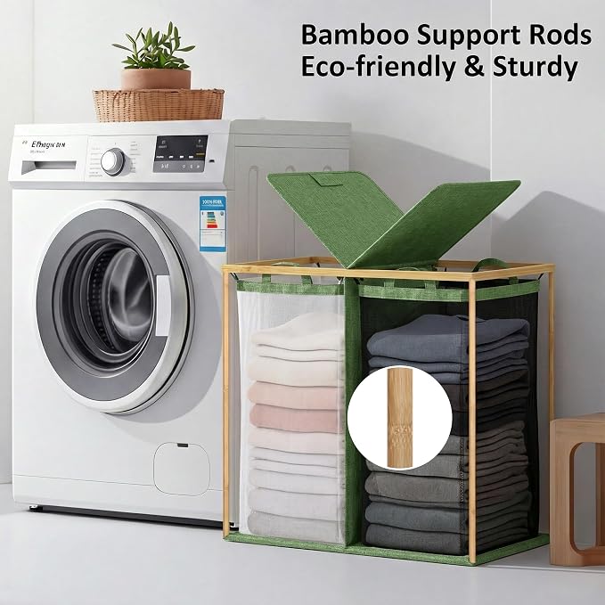efluky Laundry Hamper with Lid, Double Laundry Hamper with 2 Removable Bags, 2 Section Laundry Basket with Bamboo Handles for Bathroom, Bedroom & Laundry Room,140L Green - Image 6