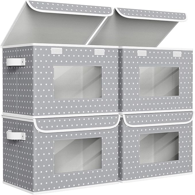 Univivi Fabric Foldable Storage Boxes [4-Pack] Large Collapsible Stackable Storage Bins with Lids, Closet Organizers and Storage Cube Basket for Home, Office, Bedroom (Gray Star, 17”x 12” x 12”) by Univivi