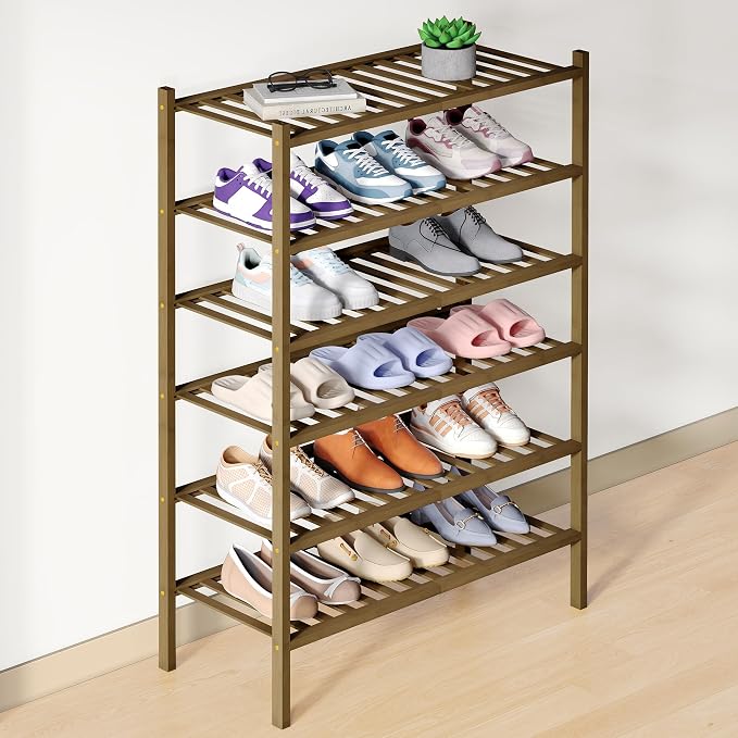 Smiry Bamboo Shoe Rack for Closet, 6 Tier Wooden Stackable Shoe Organizer, Free Standing Shoes Storage Shelf for Entryway, Front Door Entrance, Walnut by Smiry