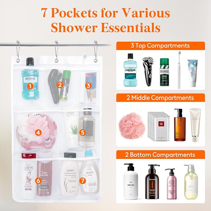 Lifewit Cruise Essentials Shower Caddy Must-Have, 7 Pockets Hanging Bathroom Organizer with Quick-Dry Mesh, Portable Shower Bag to Storage Soap, Shampoo, for RVing, Travel, Camping, White, 1 Pack - Image 3