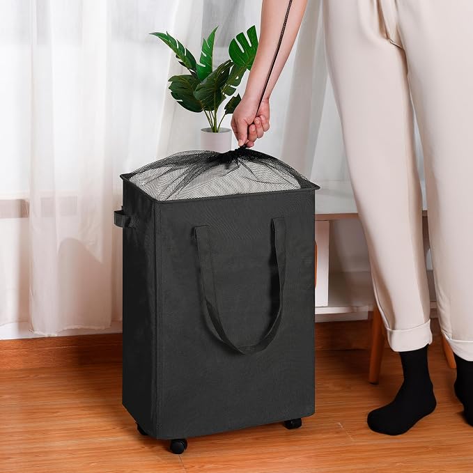 efluky Slim Laundry Hamper with Wheels, Rolling Laundry Basket for Clothes, Small Laundry Basket for Bedroom, Dorm and Laundry Room, 90L (19.8 Gallons) Black - Image 5