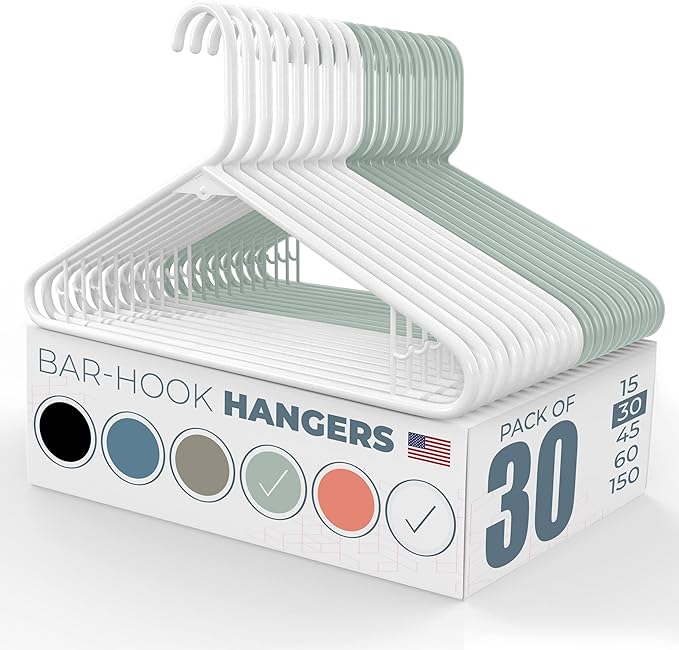 Neaties Plastic Hangers 30 Pack – Made in the USA – 6lb Capacity Standard Clothes Hangers with Strap Hooks for Dresses, Lingerie, Shirts, Pants, and Jackets – White & Mint by NeatiesHangers