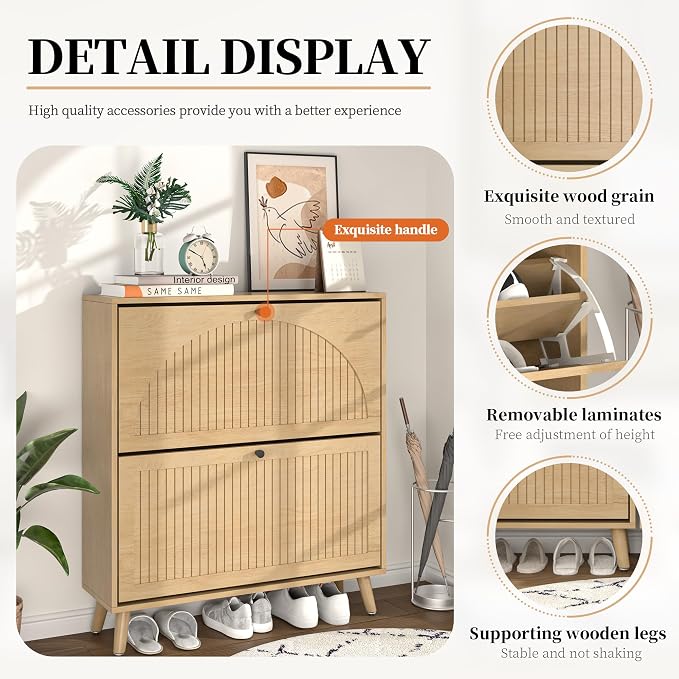 Fsbecl Shoe Storage Cabinet for Entryway with 2 Flip Drawers, Narrow Wood Shoe Cabinet with Fluted Panel, Freestanding Hidden Shoe Organizer for Foyer, Hallway (Wood Color) - Image 4